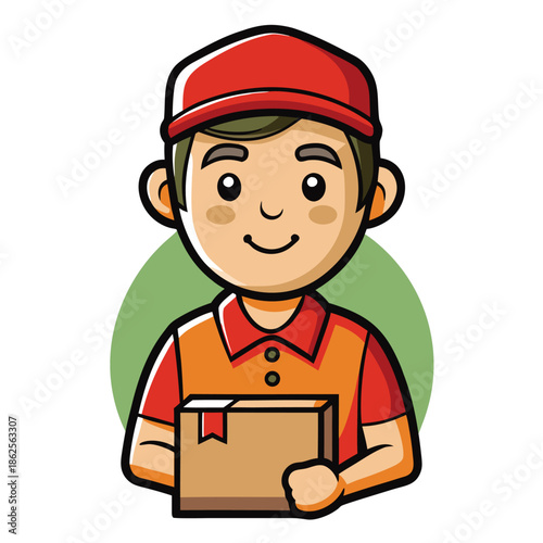 Delivery Person: Friendly delivery person, uniform, delivering package, cheerful and ready to bring your order, fast and easy service.