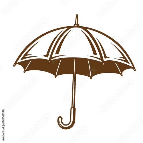 Brown classic umbrella with curved handle and pointed tip on white background