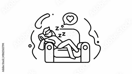 Person sleeping peacefully on a comfortable armchair with heart symbol in thought bubble.