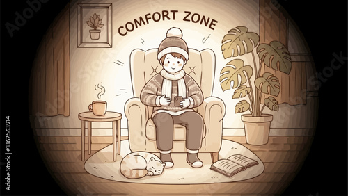 Young person sitting in a comfortable armchair with a cat nearby.