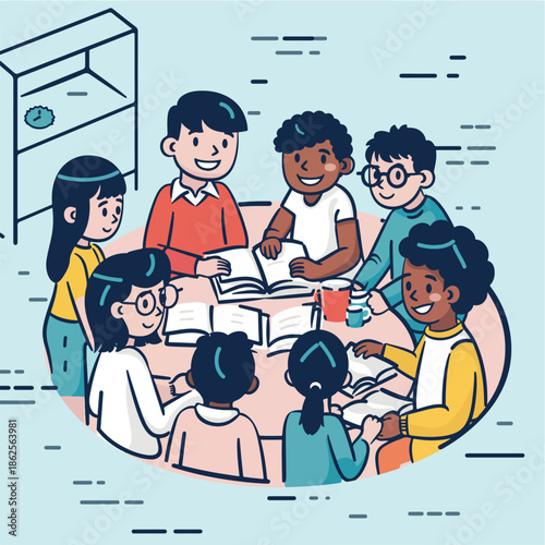 Diverse group of young students engaged in collaborative learning at a round table, fostering inclusivity and education