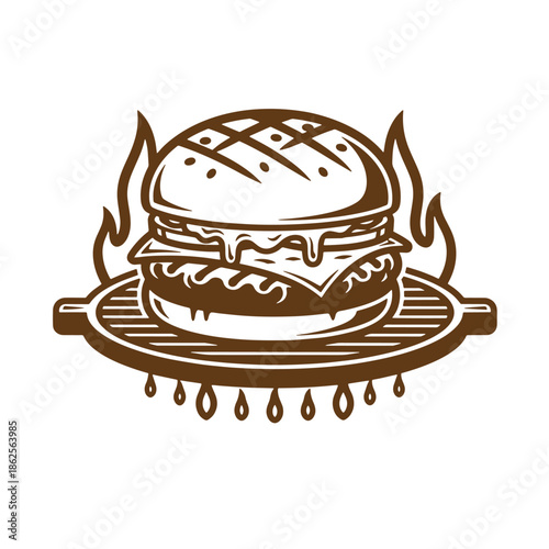 Brown illustration of a burger on a grill with flames and dripping grease  a mouthwatering fast food meal
