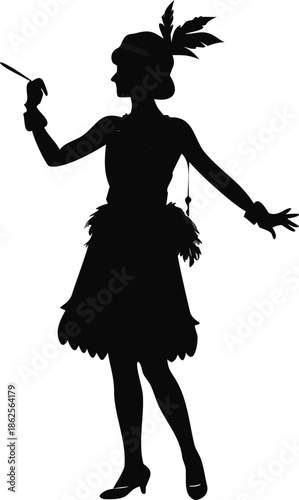 Girl Wearing 1920s Flapper Dress With Feather Headband Silhouette