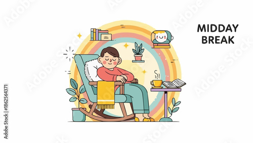 Person relaxing in rocking chair during midday break with book and tea.