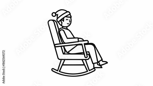 Person sitting in a rocking chair wearing a hat.