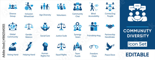 Diversity Inclusion and Social Equality Icon Set. Vector Glyph Icons for Human Rights and Community Partnership.