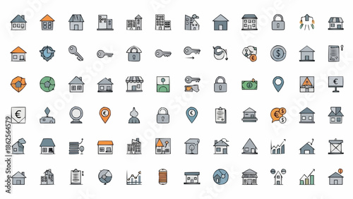 Collection of diverse building and business icons representing various industries and services.