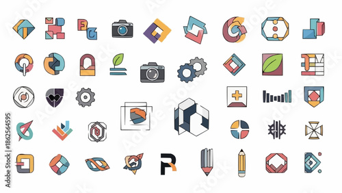 Collection of diverse logo designs with abstract shapes and symbols.