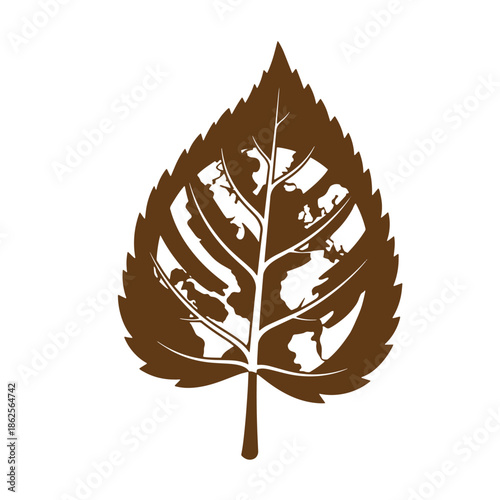 Brown leaf silhouette with white background and map of the world inside  ecology and nature concept