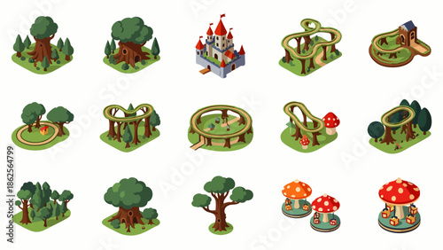 Isometric cartoon amusement park rides and fantasy elements like castles and mushrooms, set in a forest landscape