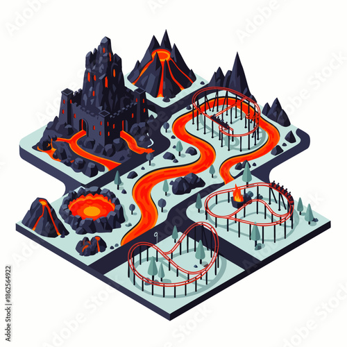 Fantasy theme park with roller coasters, castles, and volcanoes, set in a lava landscape.
