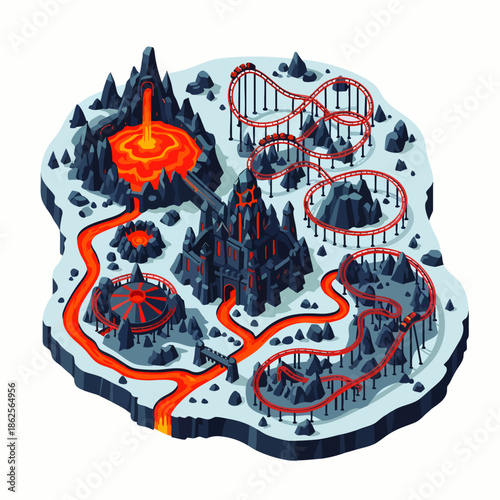 Volcanic theme park with roller coasters, lava flows, and a dark castle on a snowy island, fantasy adventure concept