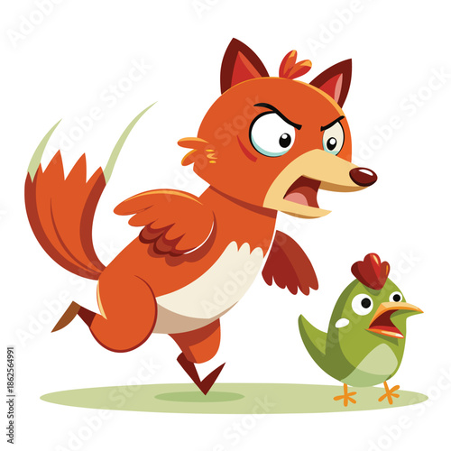 Foxy Pursuit: A cartoon depiction of a cunning fox relentlessly pursuing a startled chicken, their expressions vividly portraying a chase. 