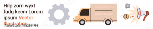 Logistics, online shopping, delivery services, payment security, e-commerce, technology. Truck, gear and digital payment icons. Logistics and online shopping concepts for modern commerce