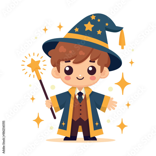 Cute Wizard Child In Magical Costume With Wand, Stars And Hat