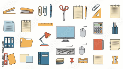 Office Supplies Collection - A Colorful and Organized Workspace Essentials.