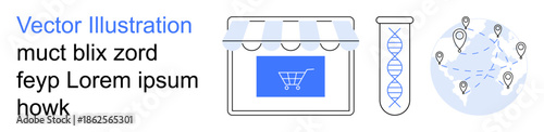 E-commerce, global logistics, biotech research, location tracking, innovation. Storefront with a shopping cart, DNA test tube, world map with pinpoints. E-commerce and global logistics concepts