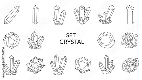 Collection of crystal line art icons with various mineral shapes and gemstone clusters isolated on white background.