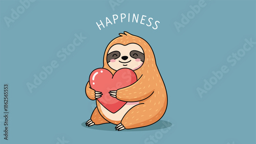 Adorable cartoon sloth sitting and hugging large red heart with happiness text on calm blue background.