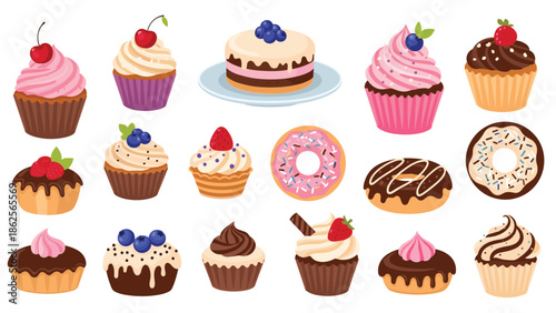 Selection of colorful cartoon desserts including cupcakes donuts and cakes with berry toppings on white background.