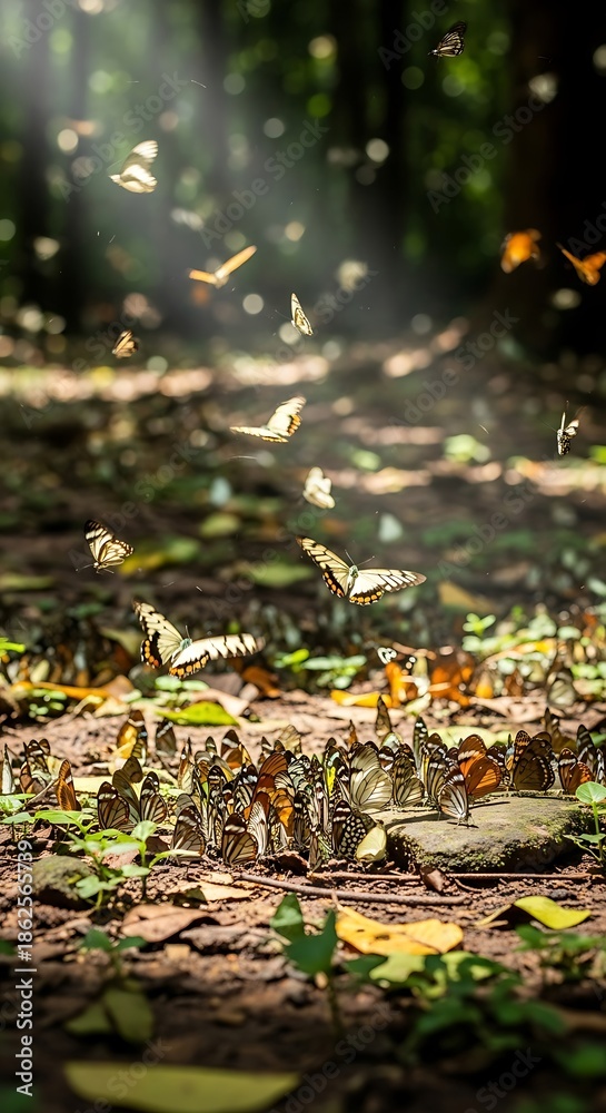Obraz premium Butterflies Gathering on Forest Floor in Thailand.