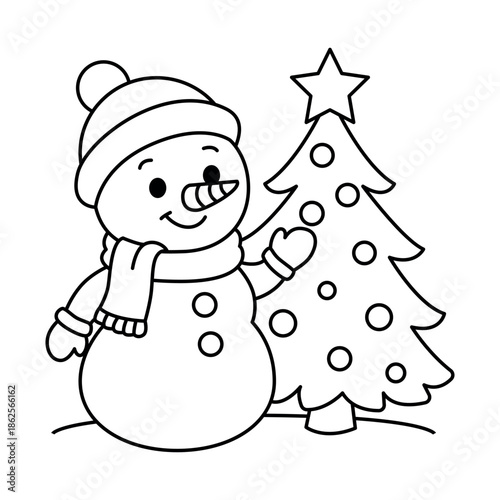 Snowman with Hat near Christmas Tree Coloring Page