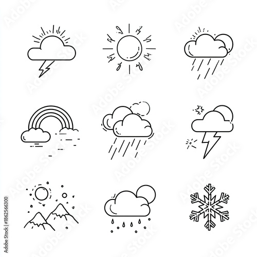 A set of various weather icons on a white background