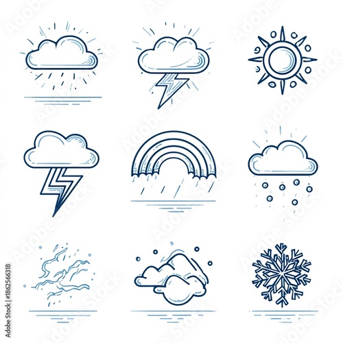A collection of weather icons including sun, clouds, rain, snow, and lightning