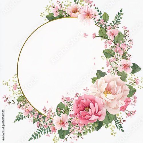 A beautiful floral wreath with pink flowers and green leaves on a white background