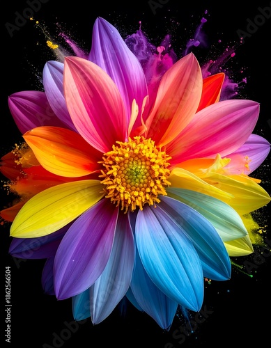 Close-up of a colorful flower with vibrant petals against a black background