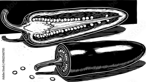 Detailed black and white jalapeño pepper illustration showing cross section with seeds for spicy food menus and culinary art designs.