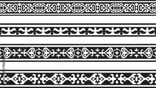 Kazakh national endless black monochrome ornament. Ethnic pattern. Border reflecting nomadic culture. Suitable for design and textiles.