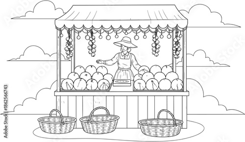 Detailed line art illustration of a woman selling fresh fruit at a market stall with baskets and a cloudy sky.