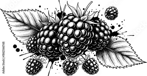 Detailed black and white blackberry fruit illustration with textured berries and leaves for organic food labels and botanical garden designs.