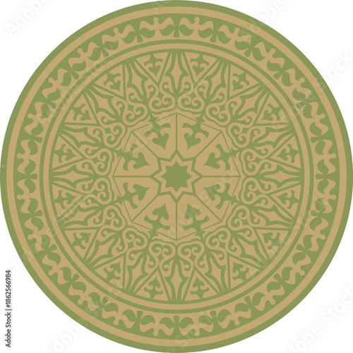 Kazakh national round gold and green frame with an ethnic pattern. The circle ring reflects nomadic culture. Suitable for design and textiles.