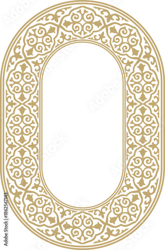 Kazakh national oval gold frame ornament. Ethnic pattern. Circle ring reflecting nomadic culture. Suitable for design and textiles.