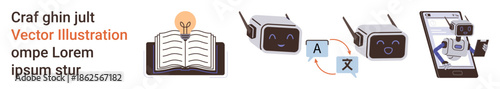 Language learning, AI innovation, global communication, translation tools, education technology, mobile applications. Robot interacting with books, translations and a mobile device. Language