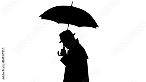Silhouette illustration depicting a mysterious man in a fedora and trench coat holding a classic umbrella against a stark white background suggesting espionage or mystery.