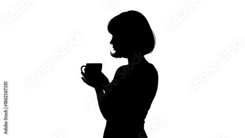 Silhouette of a woman with short hair holding a warm beverage in a small cup against a stark white background perfect for branding or simple graphic design