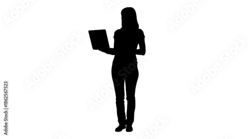 Silhouette of a female professional standing while holding an open laptop computer ready for work or presentation isolated on white background