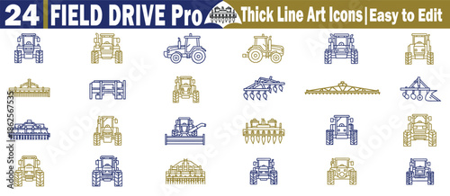Field Drive Pro set of twenty-four professional tractor and implement icons for large-scale industrial cultivation vector illustration. 