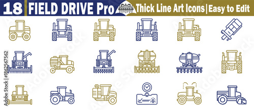 Eighteen Field Drive Pro specialized farming equipment icons featuring liquid tanks and high clearance machinery vector illustration. 