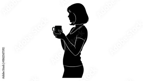 Silhouette profile of a young woman with short hair holding a warm beverage in a mug taking a thoughtful moment for refreshment or contemplation
