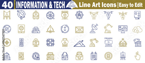 Information technology line art icon set including data transmission, cloud storage, and digital networking symbols.