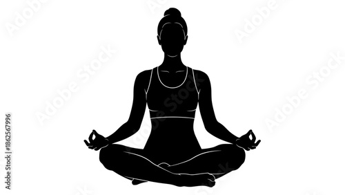 Minimalist silhouette of a woman meditating in lotus position wearing athletic attire promoting calm relaxation and mindful spiritual practice isolated on white