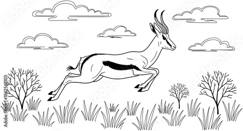 Leaping gazelle or springbok line art illustration jumping through a savanna landscape with clouds and bushes for children coloring pages.