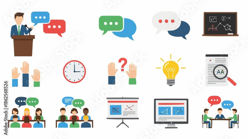 Icons depicting business meetings, discussions, and presentations.