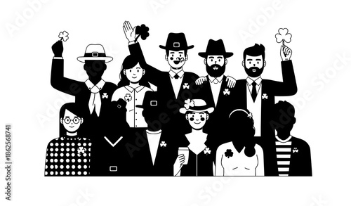 Flat style St Patrick’s Day people characters celebrating in green outfits vector