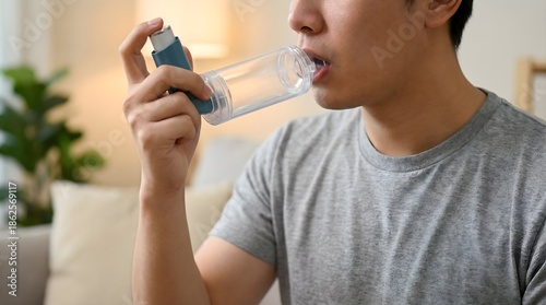 Man using asthma inhaler with spacer for respiratory relief