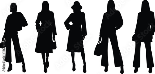 Modern women fashion silhouettes collection, stylish female outfits with handbags, contemporary street style clothing, elegant fashion vector illustration, minimal design isolated
